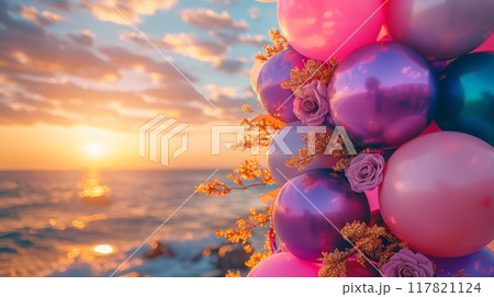 A vibrant balloon arrangement with pink, purple, and blue balloons, decorated with flowers A vibrant balloon arrangement with pink, purple, and blue balloons, decorated with flowers 117821124
