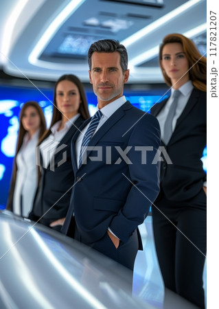 A confident business team stands in a futuristic conference room, dressed in formal business attire A confident business team stands in a futuristic conference room, dressed in formal business attire 117821207