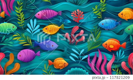 Vibrant underwater scene with colorful fish, coral, and various aquatic plants against a deep blue background. 117821209