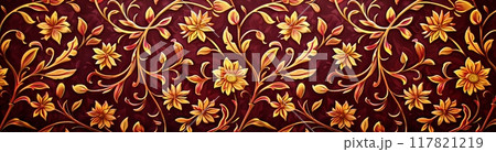 Mughal pattern with detailed floral and vine elements in warm maroon and gold tones on a dark red background Mughal pattern with detailed floral and vine elements in warm maroon and gold tones on a dark red background 117821219