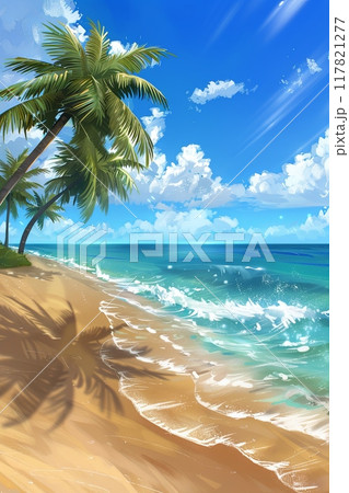 Vibrant digital illustration of a tropical beach with golden sand, palm trees, and turquoise waves Vibrant digital illustration of a tropical beach with golden sand, palm trees, and turquoise waves 117821277