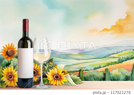 Watercolor painting of a wine bottle with an empty label and a glass of wine on a table, surrounded by sunflowers Watercolor painting of a wine bottle with an empty label and a glass of wine on a table, surrounded by sunflowers 117821278