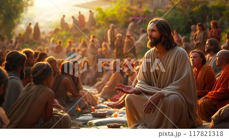 Jesus teaching a diverse group outdoors 117821318