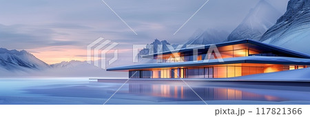 Modern alpine villa with large glass windows and warm interior lights, set in a snowy mountain landscape at dusk Modern alpine villa with large glass windows and warm interior lights, set in a snowy mountain landscape at dusk 117821366