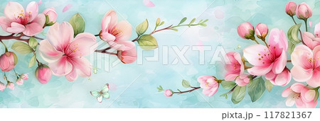 Beautiful illustration of pink cherry blossoms with green leaves against a watercolor-style blue background 117821367