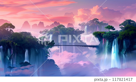 A surreal landscape of floating islands with cascading waterfalls, set against a vibrant, colorful sky at sunset 117821417