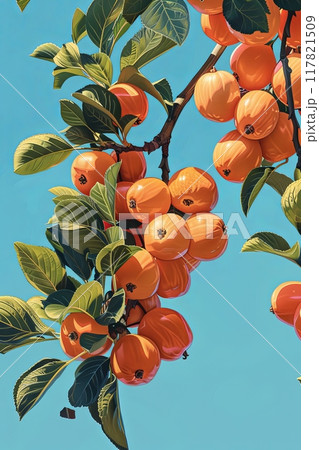 Lush persimmon branch against a clear sky Lush persimmon branch against a clear sky 117821509