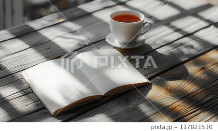 Open notebook and a cup of tea on a wooden table with sunlight casting shadows 117821510