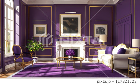 Luxurious living room with elegant purple walls, gold trim, and sophisticated white furniture Luxurious living room with elegant purple walls, gold trim, and sophisticated white furniture 117821525