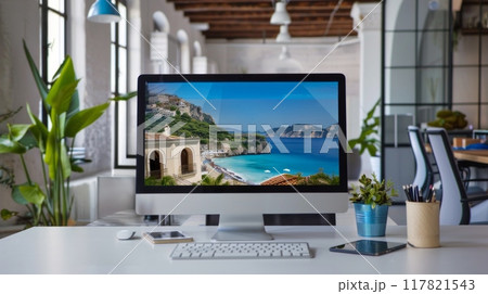 A vibrant travel agency smart platform homepage showcasing stunning travel destinations 117821543