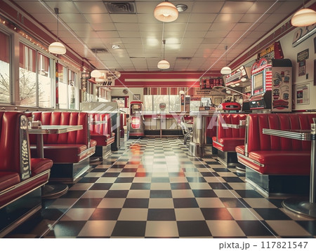 A retro-style photograph, depicting a 1950s diner. The scene is filled with vintage decor, red leather booths 117821547