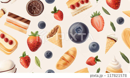 Charming illustration of assorted desserts including cakes, cookies, strawberries, and blueberries on a light background 117821578