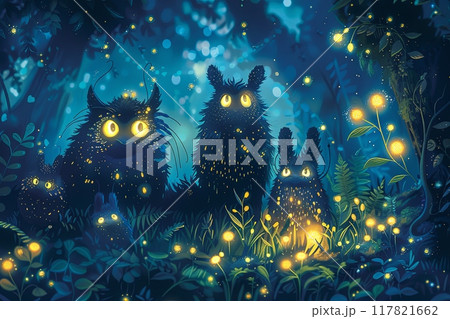 Whimsical creatures with glowing eyes stand amidst a mystical forest 117821662