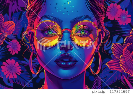 Striking digital portrait of a woman with neon glasses, vivid makeup, and a colorful floral background 117821697
