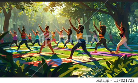 A diverse group of women practicing yoga outdoors in a lush, sunlit park A diverse group of women practicing yoga outdoors in a lush, sunlit park 117821722