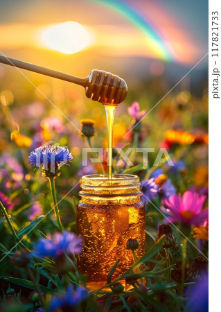 Golden honey flowing from a dipper into a jar, set in a vibrant wildflower meadow during sunset 117821733