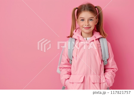 Smiling young girl with a grey backpack, wearing a pink jacket, posing against a pink background Smiling young girl with a grey backpack, wearing a pink jacket, posing against a pink background 117821757