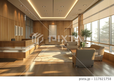 Elegant clinic reception area with modern design, featuring polished wood paneling, comfortable seating Elegant clinic reception area with modern design, featuring polished wood paneling, comfortable seating 117821758