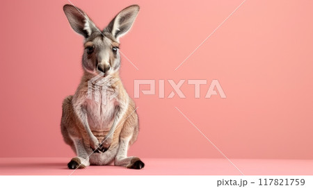 A kangaroo sits against a pastel pink background, gazing directly at the camera A kangaroo sits against a pastel pink background, gazing directly at the camera 117821759