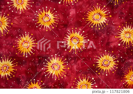 Vibrant Bandhani pattern featuring intricate sunburst motifs in yellow and white on a rich red background Vibrant Bandhani pattern featuring intricate sunburst motifs in yellow and white on a rich red background 117821806