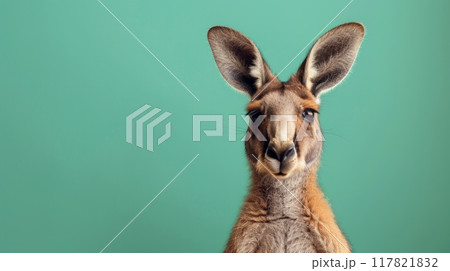 A kangaroo stands against a pastel green background, gazing directly at the camera A kangaroo stands against a pastel green background, gazing directly at the camera 117821832