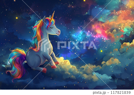 A majestic unicorn with a shimmering rainbow mane sits upon clouds 117821839