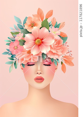 Illustration of a woman with closed eyes adorned with a crown of pink and peach flowers and green leaves. Illustration of a woman with closed eyes adorned with a crown of pink and peach flowers and green leaves. 117821896