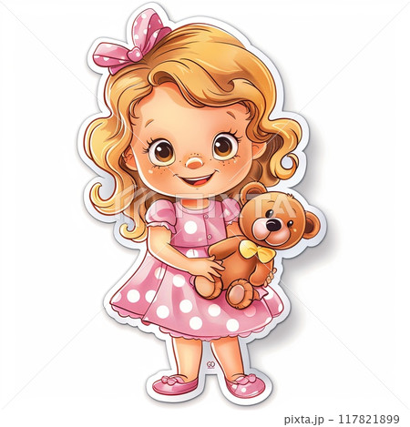 Adorable sticker of a blonde girl with curly hair, wearing a pink polka-dot dress, pink shoes, and a hair bow Adorable sticker of a blonde girl with curly hair, wearing a pink polka-dot dress, pink shoes, and a hair bow 117821899