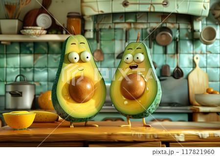 Charming scene of two animated avocado characters with quirky expressions in a cozy kitchen setting Charming scene of two animated avocado characters with quirky expressions in a cozy kitchen setting 117821960