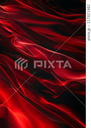 Luxurious red silk fabric with flowing folds against a dark background 117821982