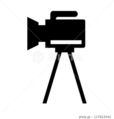 Camera tripod icon stands on a special front view, Old and New black white. Movie video vector illustration, Cinema camera icon. Camera tripod icon stands on a special front view, Old and New black white. Movie video vector illustration, Cinema camera icon. 117822042