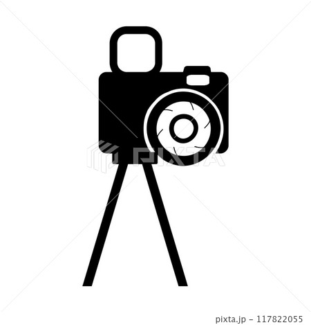 Camera tripod icon stands on a special front view, Old and New black white. Movie video vector illustration, Cinema camera icon. Camera tripod icon stands on a special front view, Old and New black white. Movie video vector illustration, Cinema camera icon. 117822055