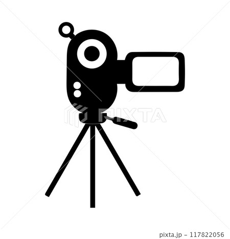Camera tripod icon stands on a special front view, Old and New black  white. Movie video vector illustration, Cinema camera icon. 117822056