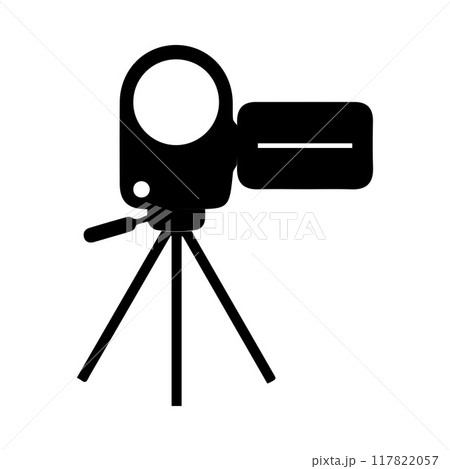 Camera tripod icon stands on a special front view, Old and New black  white. Movie video vector illustration, Cinema camera icon. 117822057