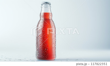 Chilled Red Beverage in Glass Bottle with Water Droplets 117822351