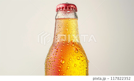 Cold Yellow Beverage in Glass Bottle with Condensation Cold Yellow Beverage in Glass Bottle with Condensation 117822352