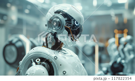 Futuristic Robot Head in Advanced Manufacturing Facility Futuristic Robot Head in Advanced Manufacturing Facility 117822354