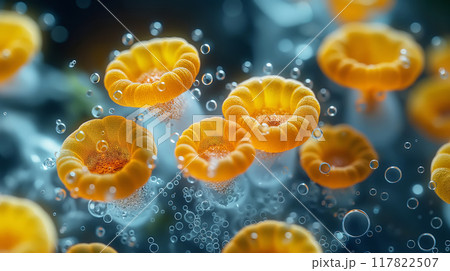 Digital illustration of vibrant orange fungi with bubble structures 117822507