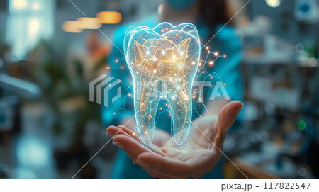 Dentist holding glowing tooth hologram and presenting innovative dental care and futuristic technology 117822547
