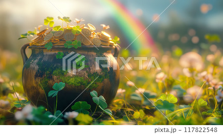 Leprechaun pot with gold coins on clover meadow with rainbow. St. Patrick's day 117822548