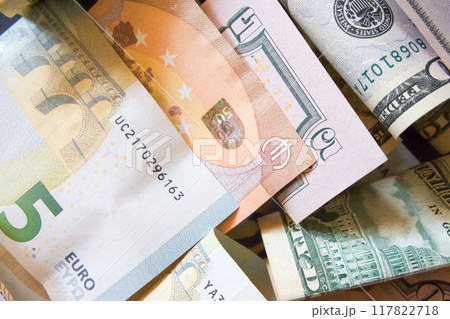 Banknote Blend. Mixed currencies, focus on security elements. Banknote Blend. Mixed currencies, focus on security elements. 117822718