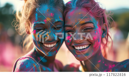 Two Joyful girlfriends with colorful faces celebrating Holi festival of colors 117822816