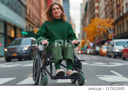 Woman navigating wheelchair in city 117822885
