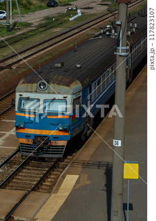 the train is at the station and is waiting to be sent. View from above the train is at the station and is waiting to be sent. View from above 117823107