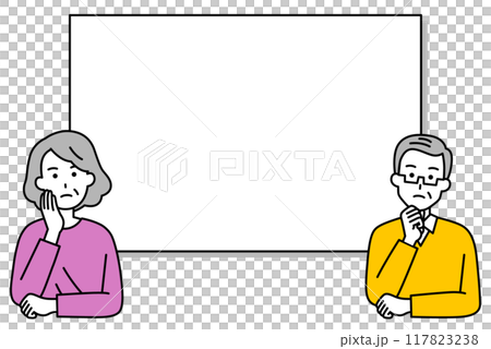 An elderly couple thinking in front of a whiteboard An elderly couple thinking in front of a whiteboard 117823238