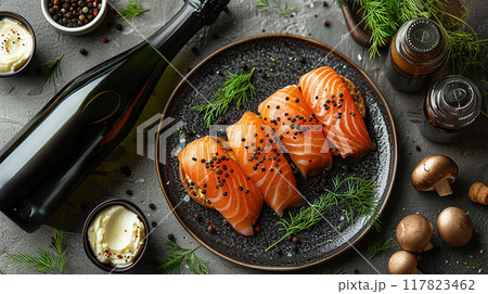 set with smoked salmon  and bottle of champagne 117823462