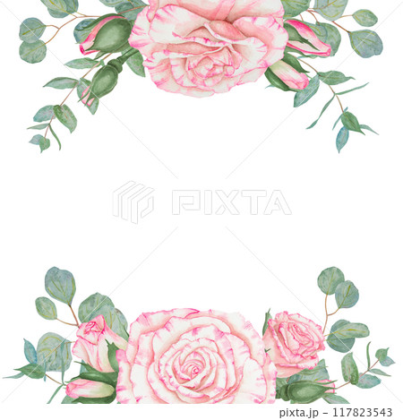 Light pink rose and eucalyptus. Watercolor botanical illustration. Hand drawn clipart, cut out and isolated. Realistic flower round frame for banner template with copy space for text in wedding prints Light pink rose and eucalyptus. Watercolor botanical illustration. Hand drawn clipart, cut out and isolated. Realistic flower round frame for banner template with copy space for text in wedding prints 117823543