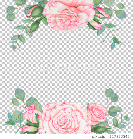 Light pink rose and eucalyptus. Watercolor botanical illustration. Hand drawn clipart, cut out and isolated. Realistic flower round frame for banner template with copy space for text in wedding prints Light pink rose and eucalyptus. Watercolor botanical illustration. Hand drawn clipart, cut out and isolated. Realistic flower round frame for banner template with copy space for text in wedding prints 117823543