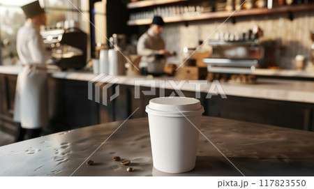 White disposable coffee cup on wooden table in a cafe setting with blurred background, ideal for branding and mockup designs 117823550