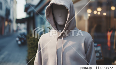 Urban fashion hoodie on a mannequin, set against a cityscape backdrop, perfect for apparel design and marketing 117823572